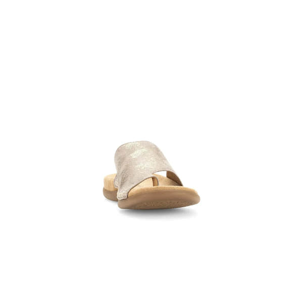 Gabor Lanzarote Ladies Mushroom Leather Slip-On Sandals with cushioned footbed and open toe design.