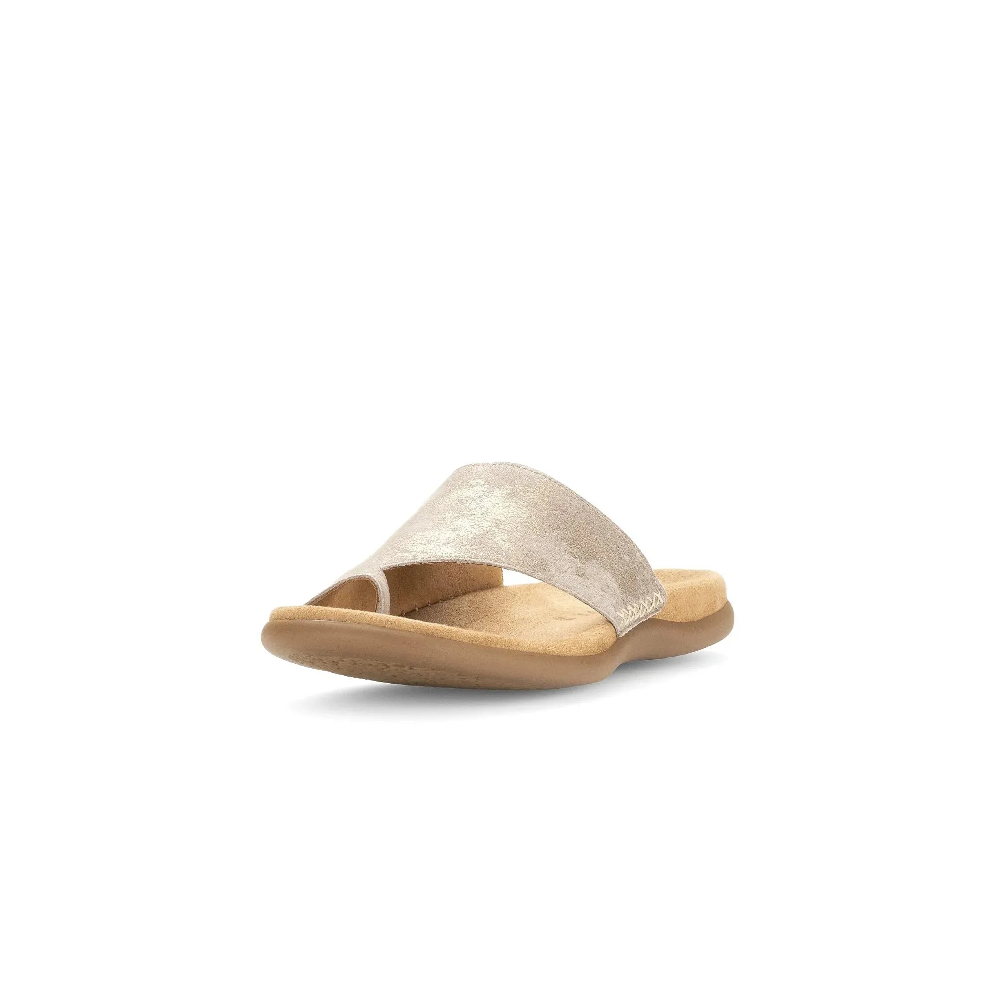 Gabor Lanzarote ladies mushroom leather slip-on sandals with cushioned footbed and flat sole.