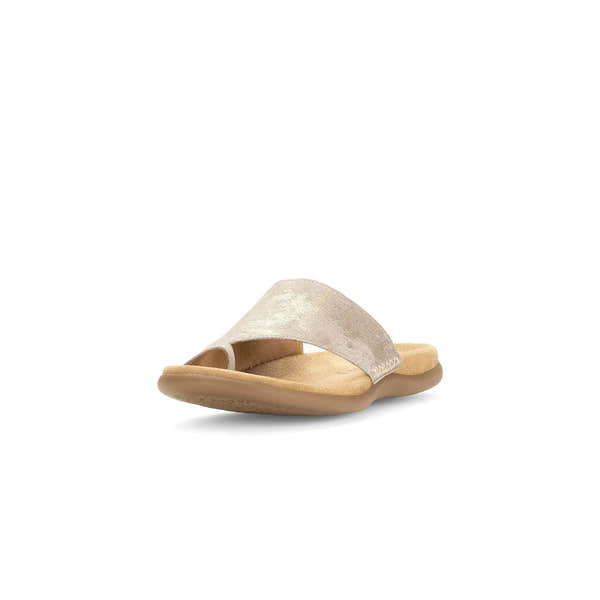 Gabor Lanzarote ladies mushroom leather slip-on sandals with cushioned footbed and flat sole.