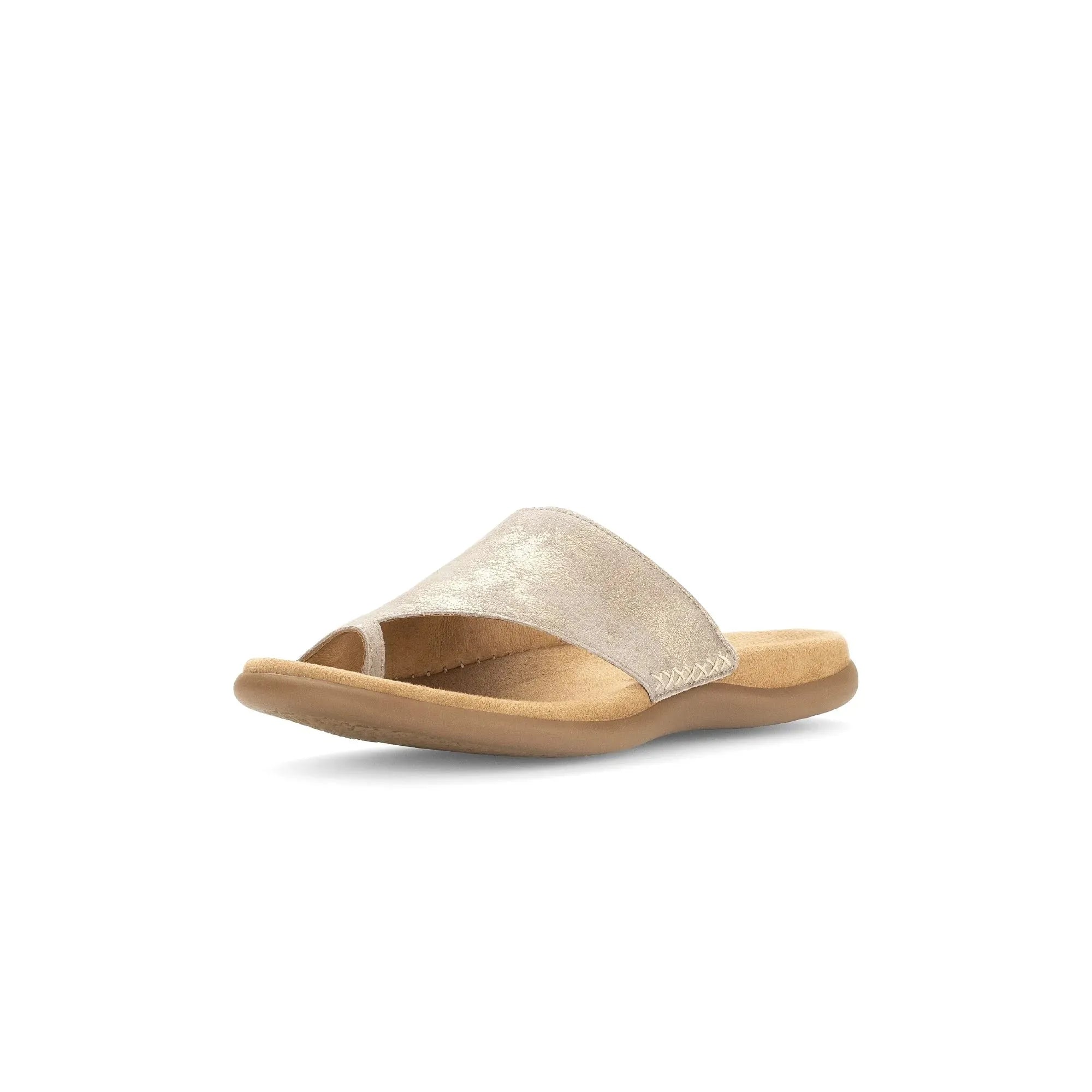 Gabor Lanzarote Ladies Mushroom Leather Slip-On Sandals with cushioned footbed and open toe design.