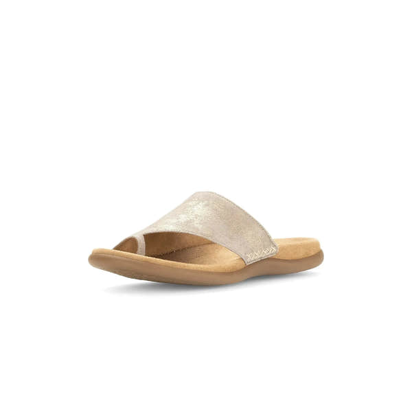 Gabor Lanzarote Ladies Mushroom Leather Slip-On Sandals with cushioned footbed and open toe design.