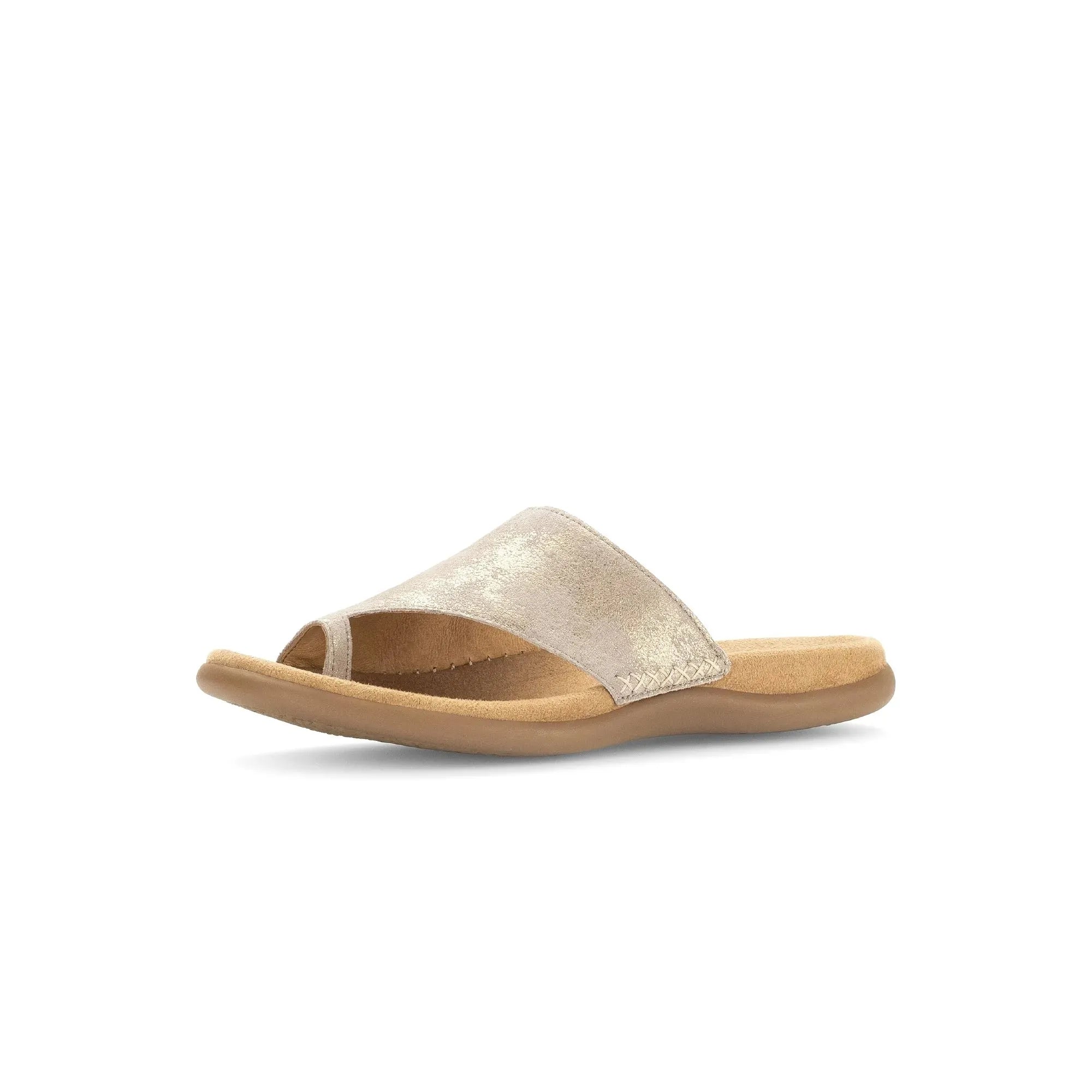 Gabor Lanzarote Ladies Mushroom Leather Slip-On Sandals, open-toe design, cushioned sole, neutral mushroom color.