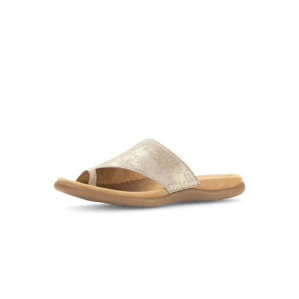 Gabor Lanzarote Ladies Mushroom Leather Slip-On Sandals, open-toe design, cushioned sole, neutral mushroom color.