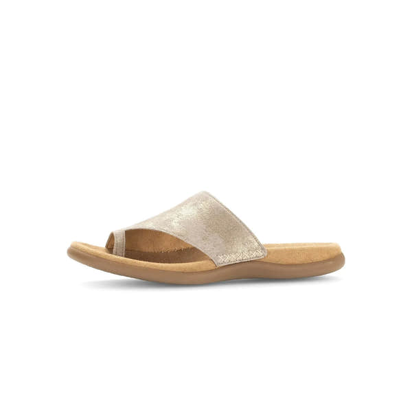 Gabor Lanzarote Ladies Mushroom Leather Slip-On Sandals, open toe, cushioned beige sole, stylish slip-on design.