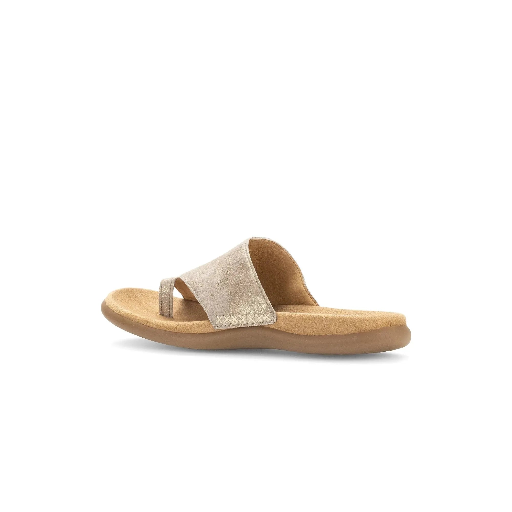 Gabor Lanzarote Ladies Mushroom Leather Slip-On Sandals with cushioned footbed and wide strap.
