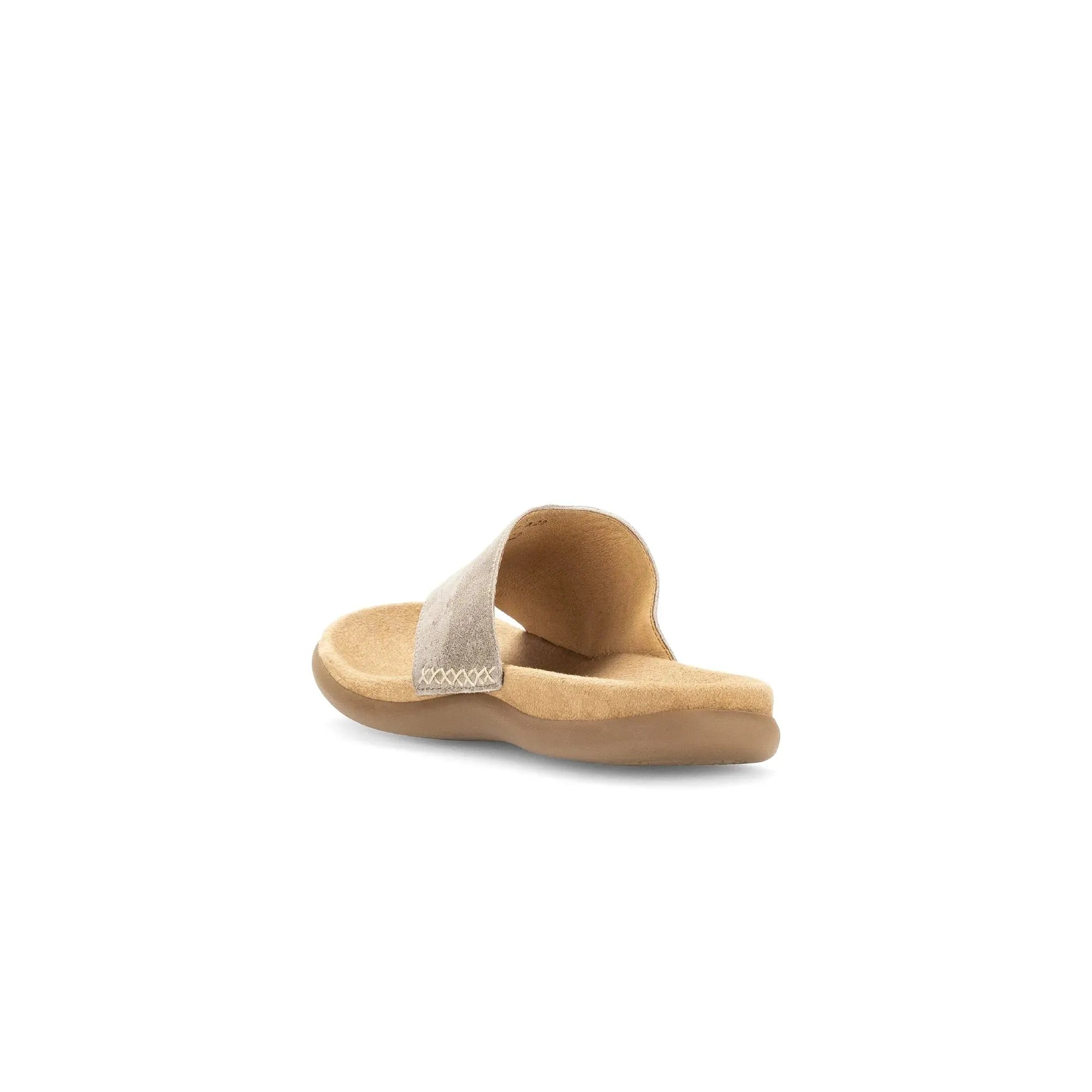 Gabor Lanzarote Ladies Mushroom Leather Slip-On Sandals with cushioned footbed and single strap, beige color.