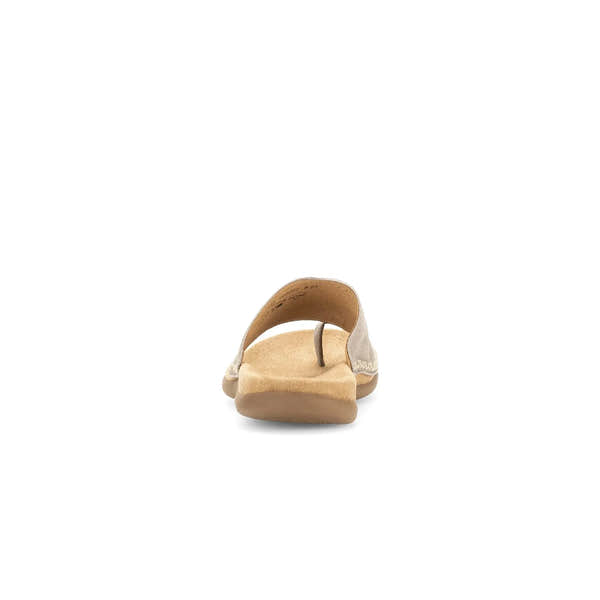 Gabor Lanzarote Ladies Mushroom Leather Slip-On Sandals, front view with cushioned footbed and thong strap, beige color.