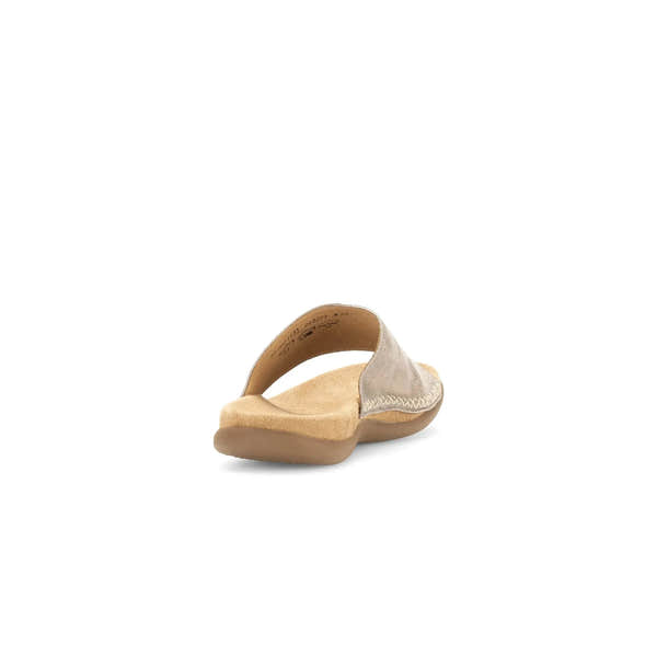 Gabor Lanzarote Ladies Mushroom Leather Slip-On Sandals, cushioned footbed, comfortable slip-on design, neutral mushroom color.