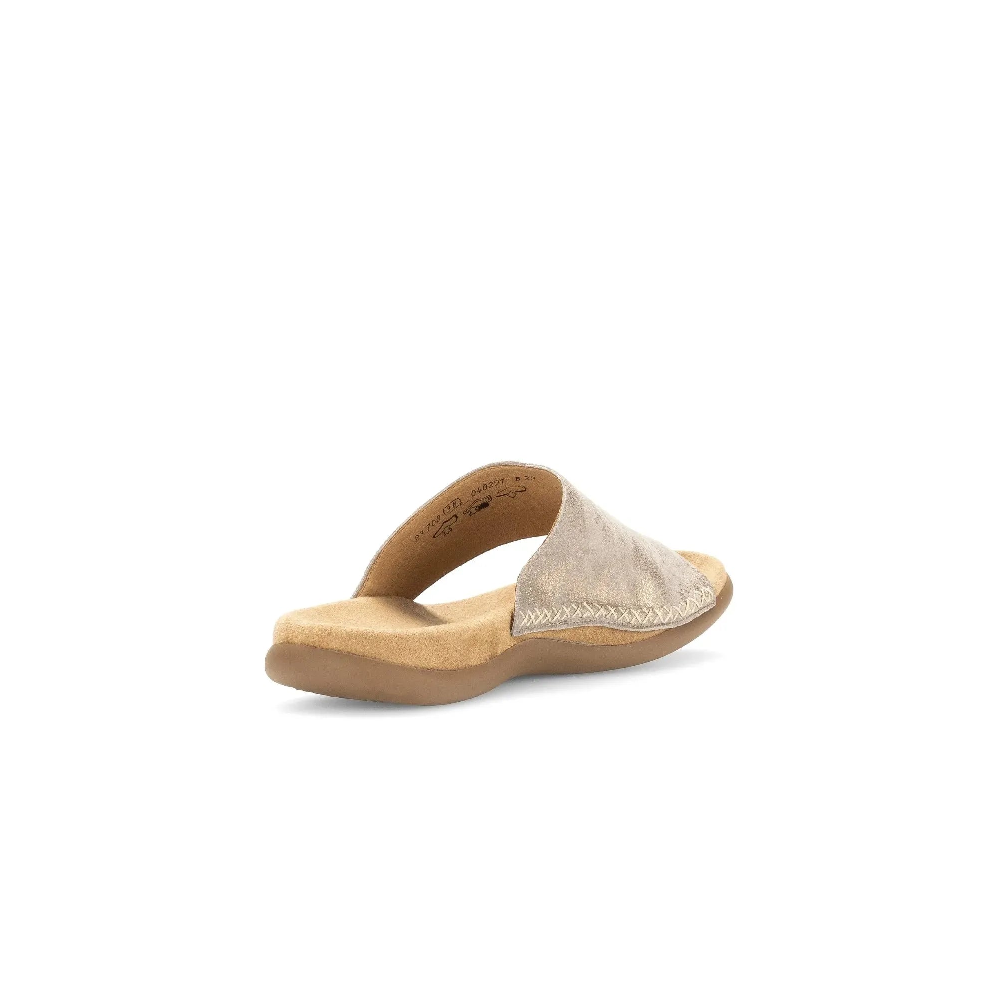 Gabor Lanzarote women's mushroom leather slip-on sandals with cushioned footbed and beige sole.