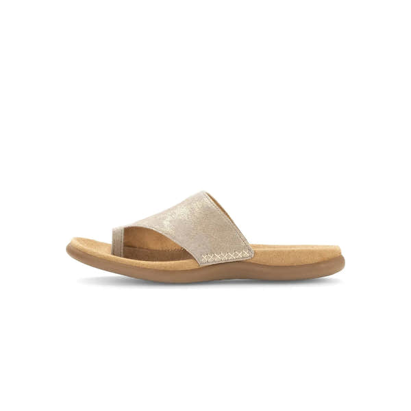 Gabor Lanzarote Ladies Mushroom Leather Slip-On Sandals with cushioned footbed and slip-resistant sole.