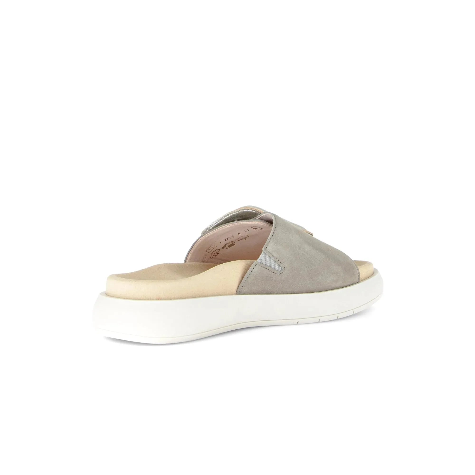 Gabor Adios Ladies Grey Leather Touch Fastening Sandals with cushioned insole and white rubber sole.