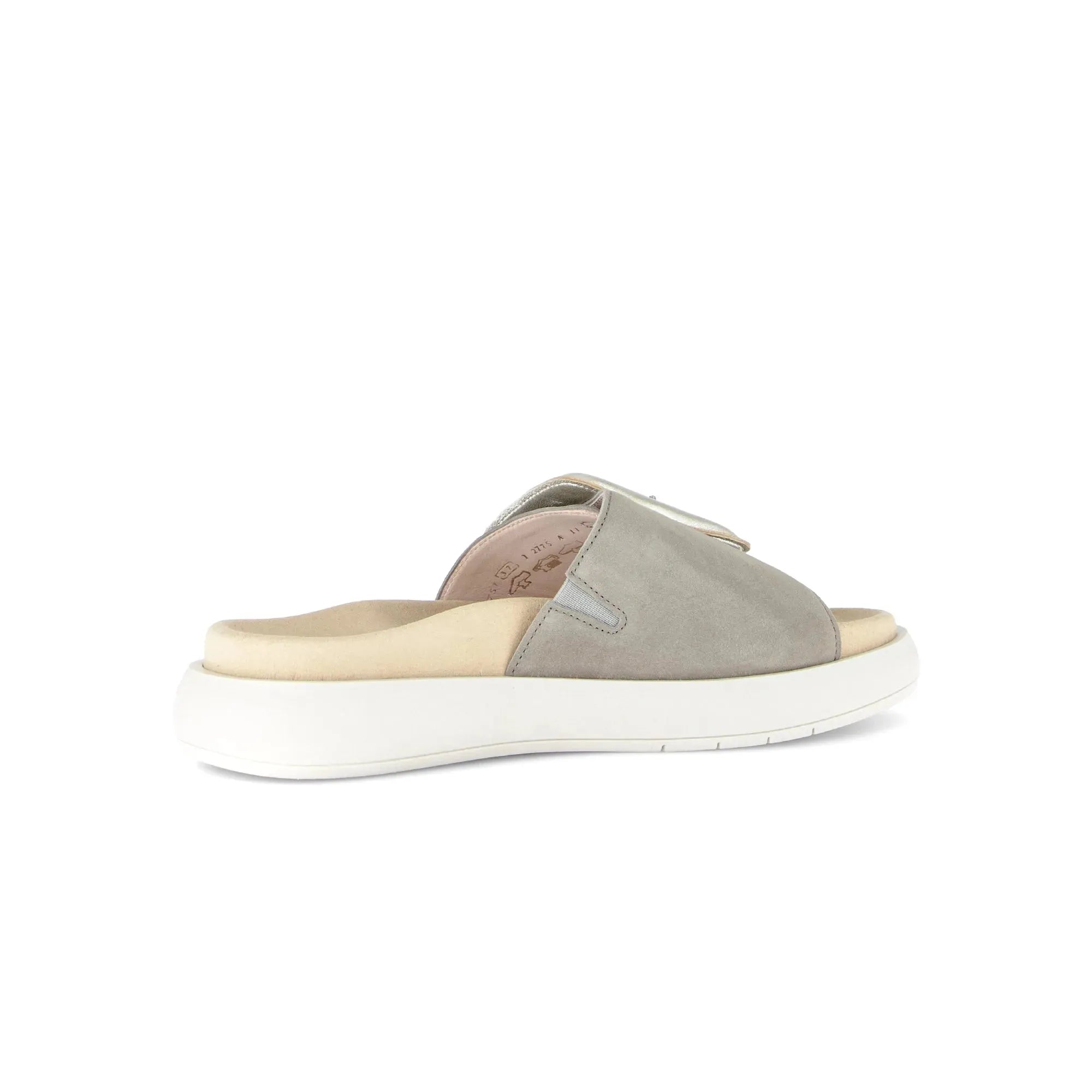Gabor Adios Ladies Grey Leather Touch Fastening Sandals with cushioned insole and white sole.