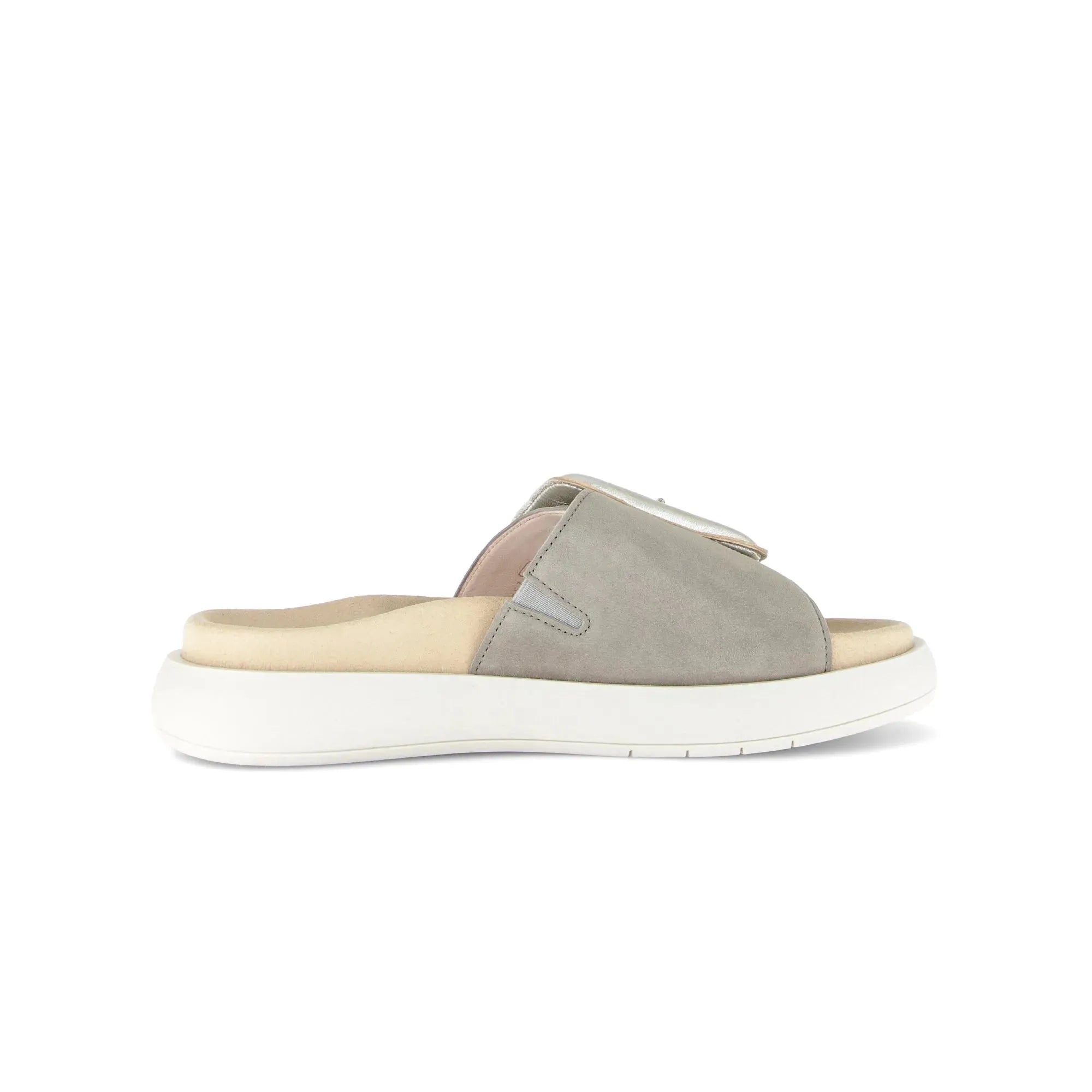 Gabor Adios Ladies grey leather touch fastening slip-on sandals with white rubber sole.