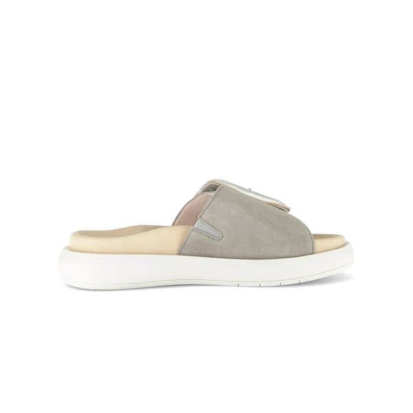 Gabor Adios Ladies grey leather touch fastening slip-on sandals with white rubber sole.