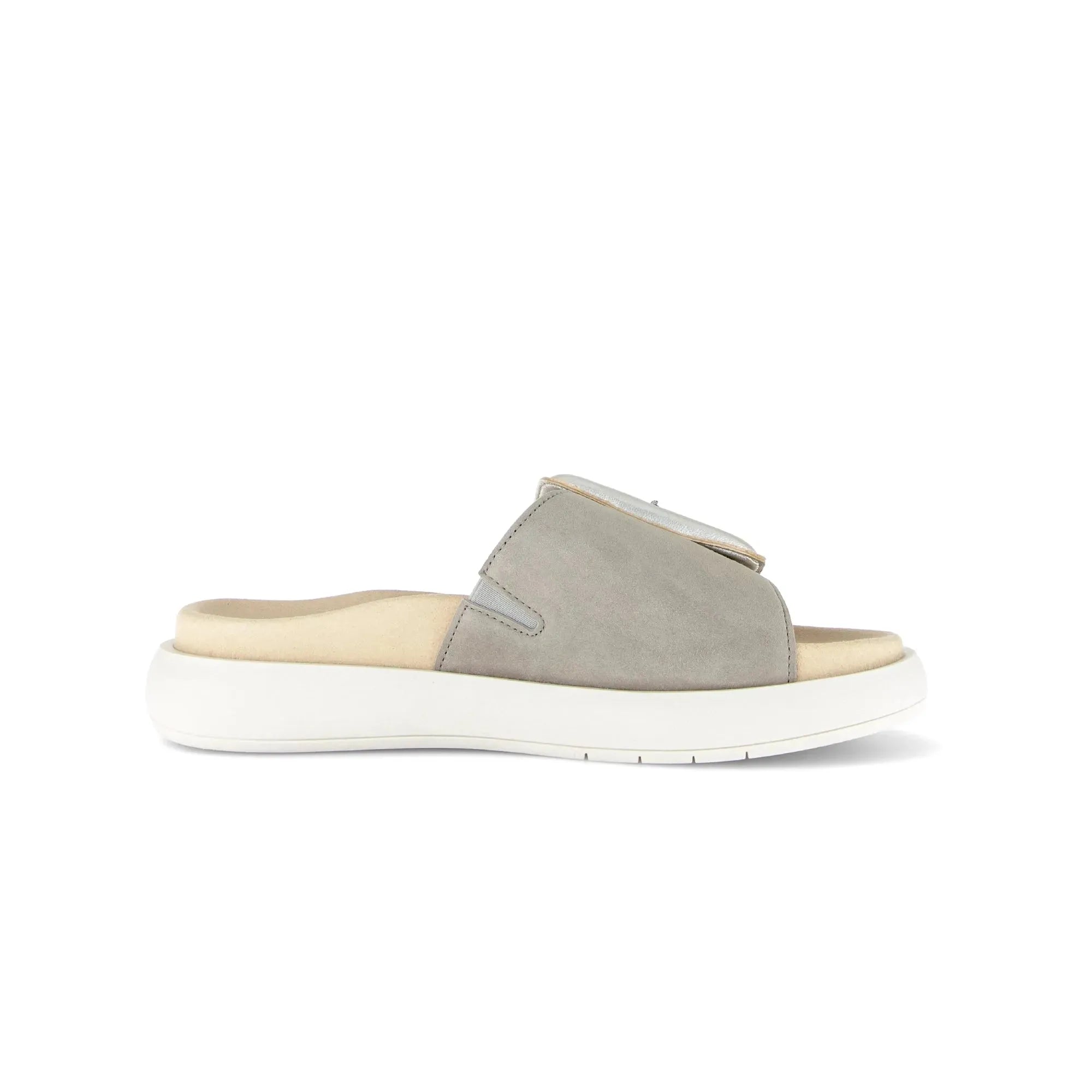 Gabor Adios Ladies grey leather touch fastenings slip-on sandals with white sole.