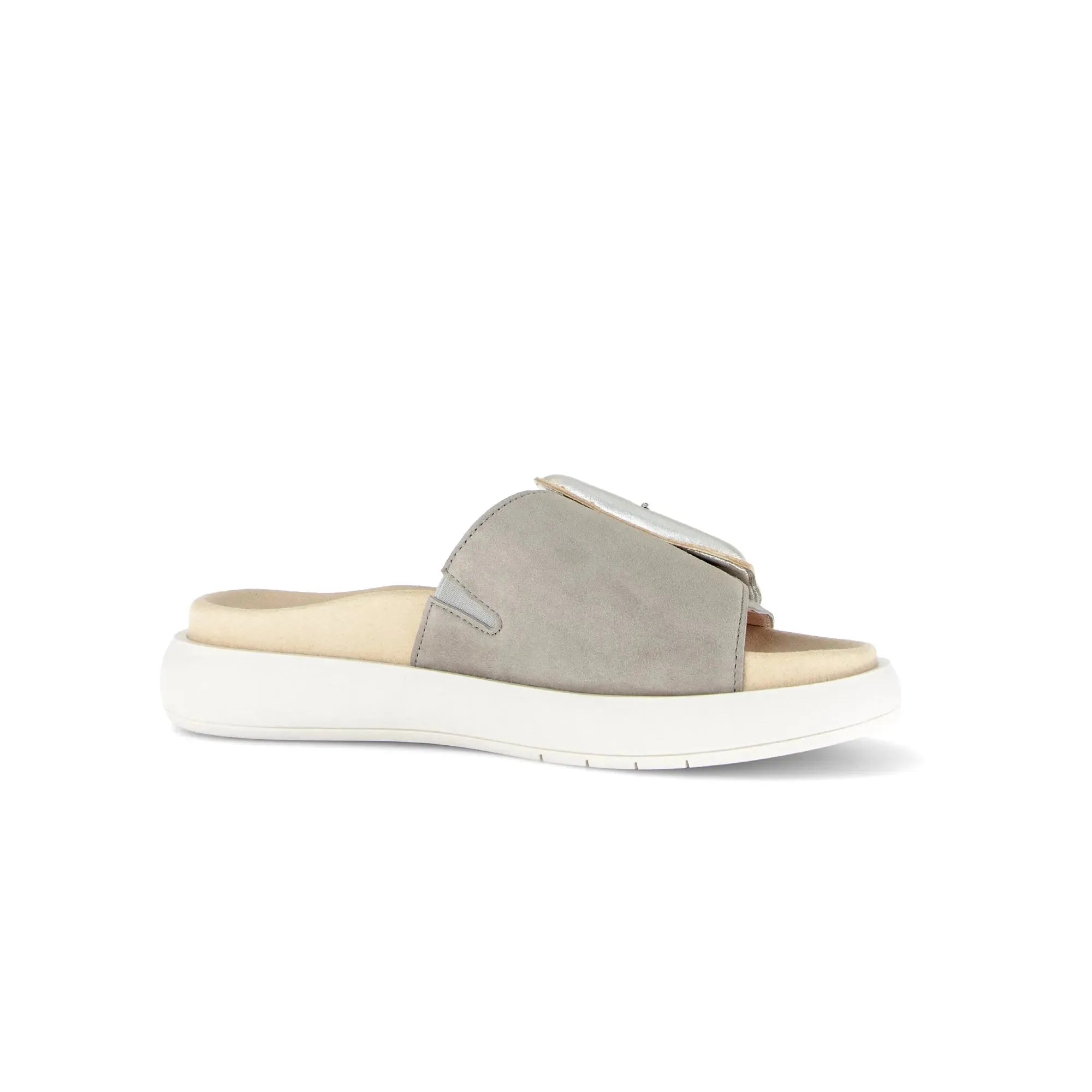 Gabor Adios Ladies Grey Leather Touch Fastening Sandals, slip-on design with cushioned sole and strap closure.