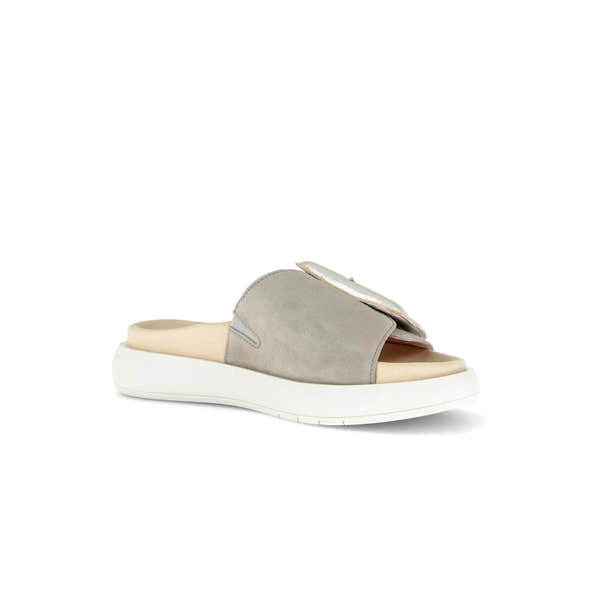 Gabor Adios Ladies grey leather touch fastening slip-on sandals with cushioned sole and white platform.