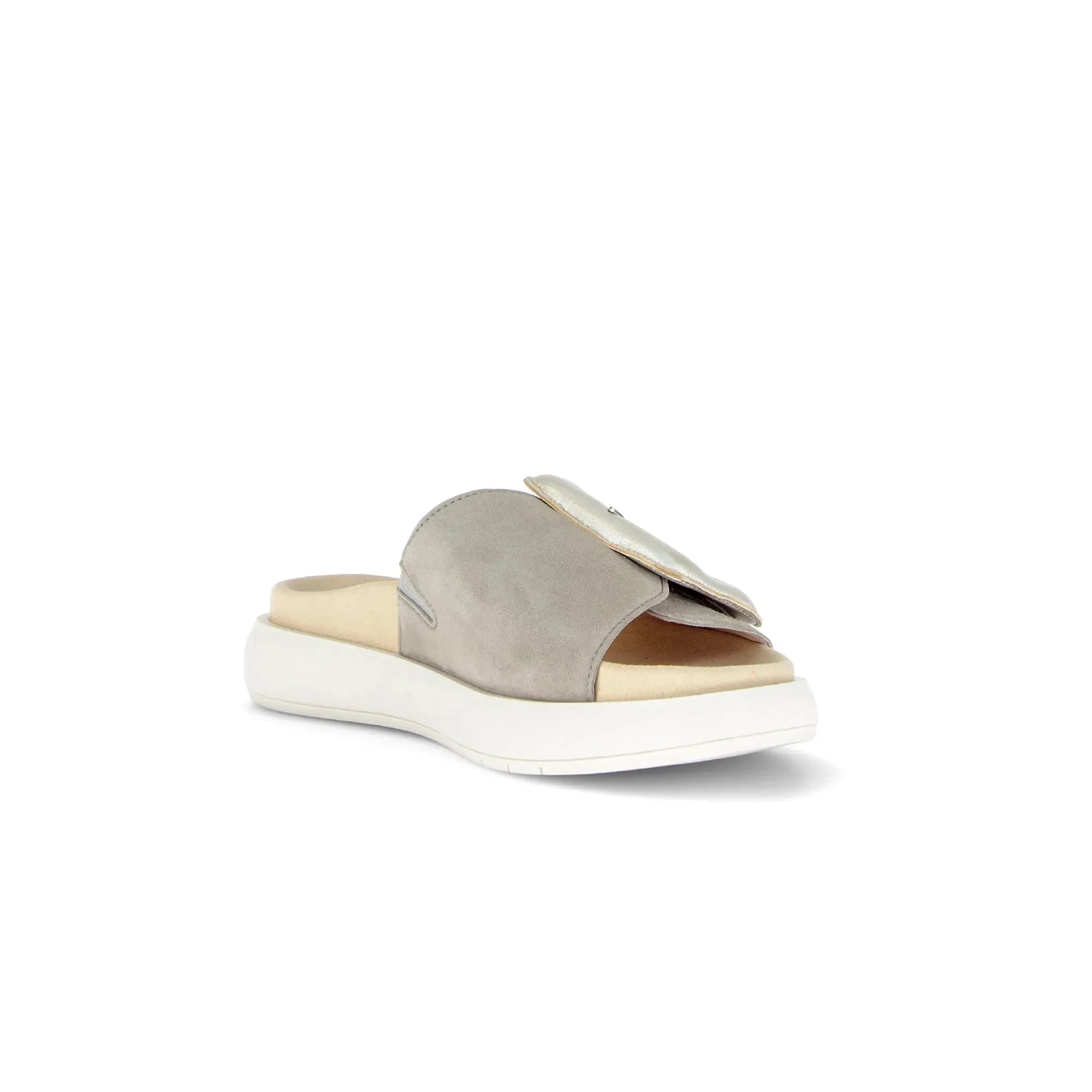 Gabor Adios Ladies Grey Leather Touch Fastening Slide Sandals with floral accent, cushioned sole, and white platform.