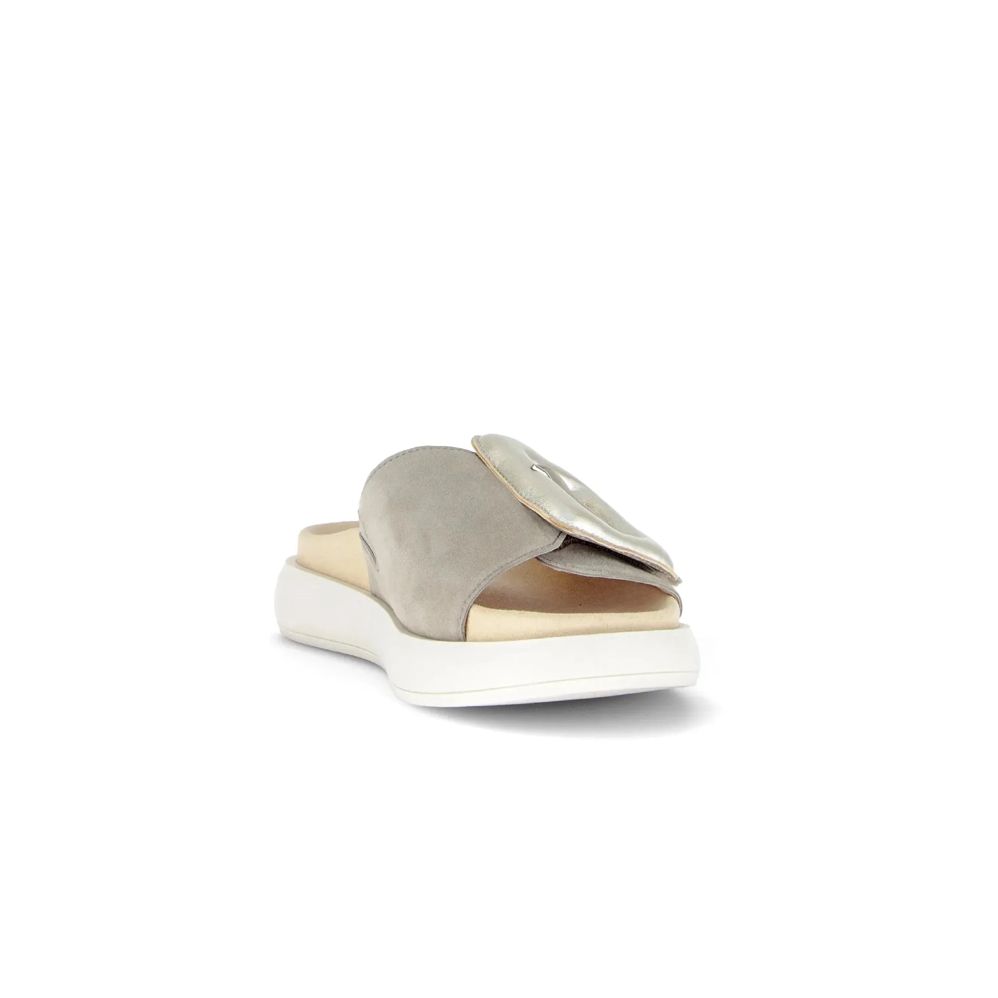 Gabor Adios Ladies Grey Leather Touch Fastening Sandals with Slip-On Design and White Platform Sole.