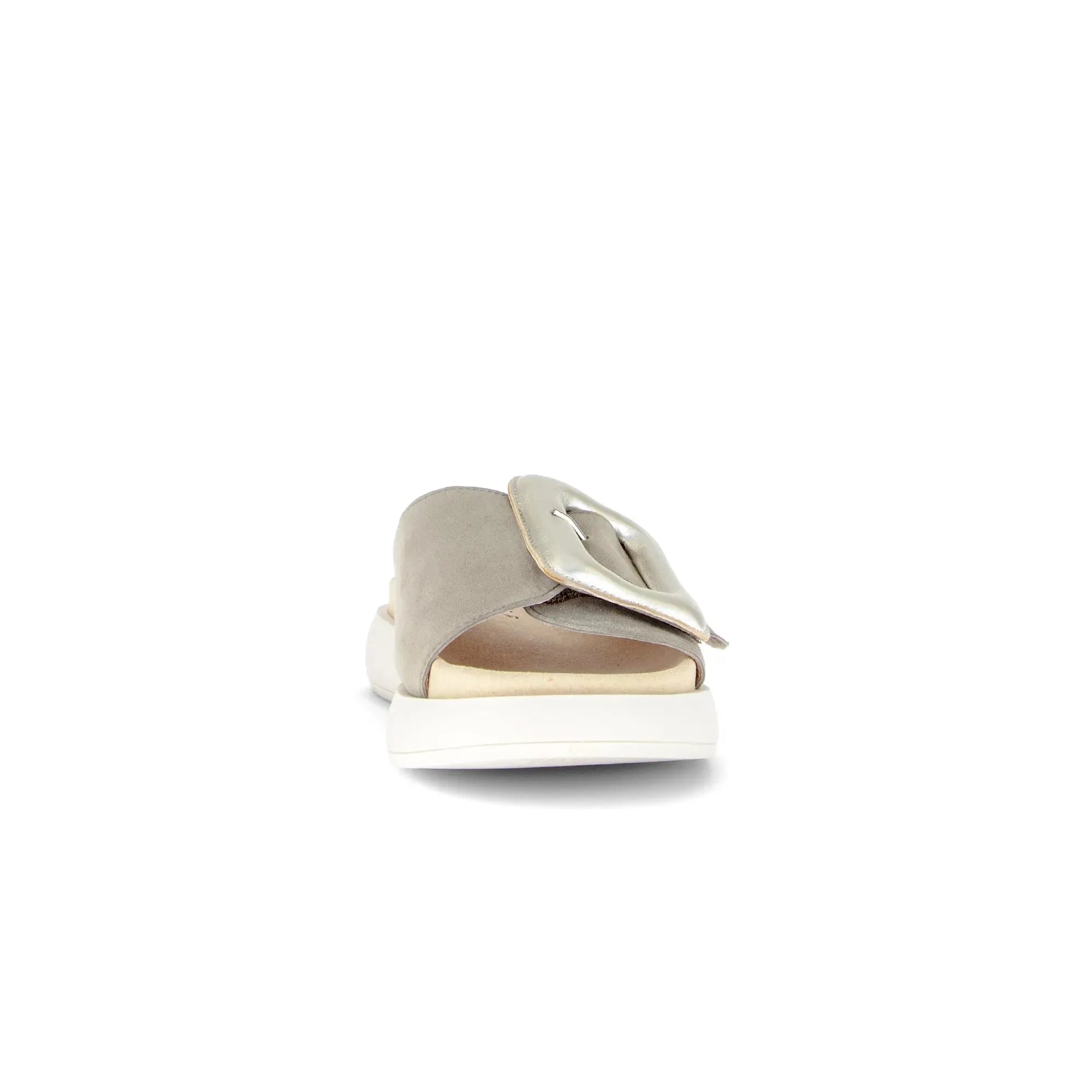 Gabor Adios Ladies grey leather touch fastening sandals with buckle strap and white sole.