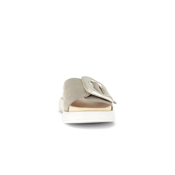 Gabor Adios Ladies grey leather touch fastening sandals with buckle strap and white sole.