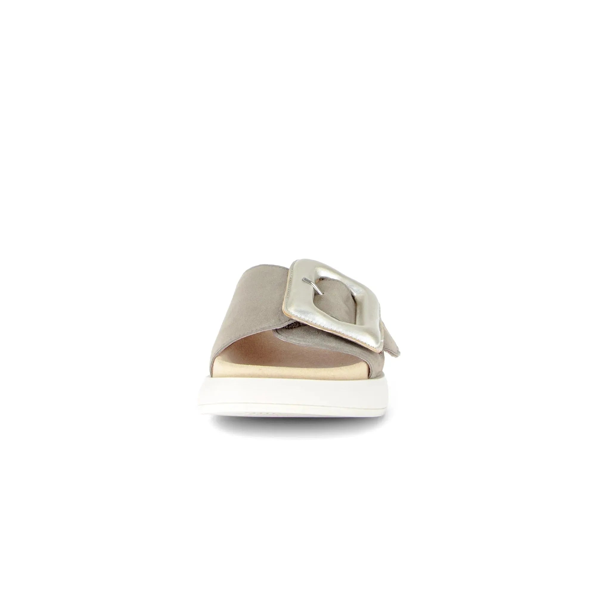 Gabor Adios Ladies Grey Leather Touch Fastening Sandals with large buckle and white sole.
