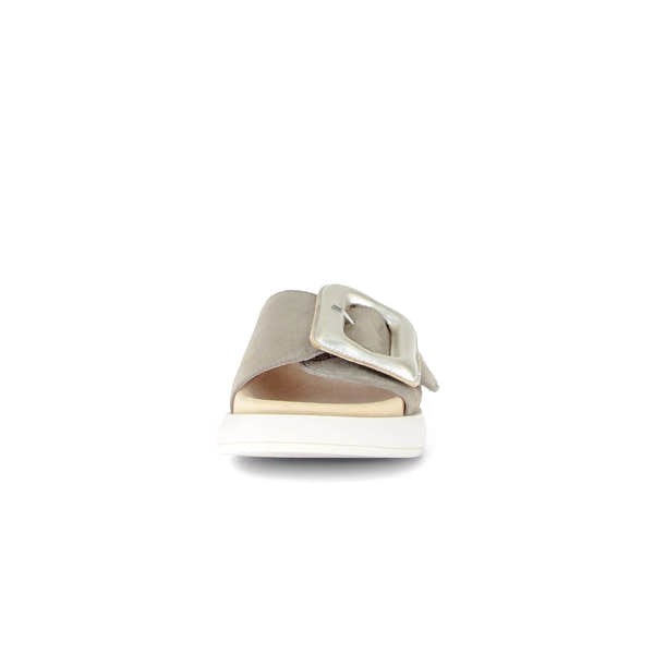 Gabor Adios Ladies Grey Leather Touch Fastening Sandals with large buckle and white sole.
