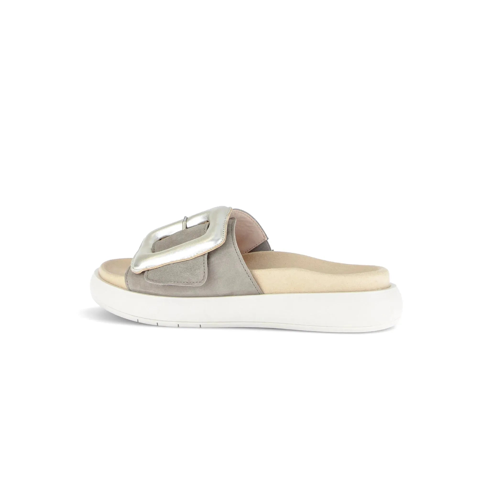 Gabor Adios Ladies grey leather-touch slip-on sandals with buckle closure and white sole.