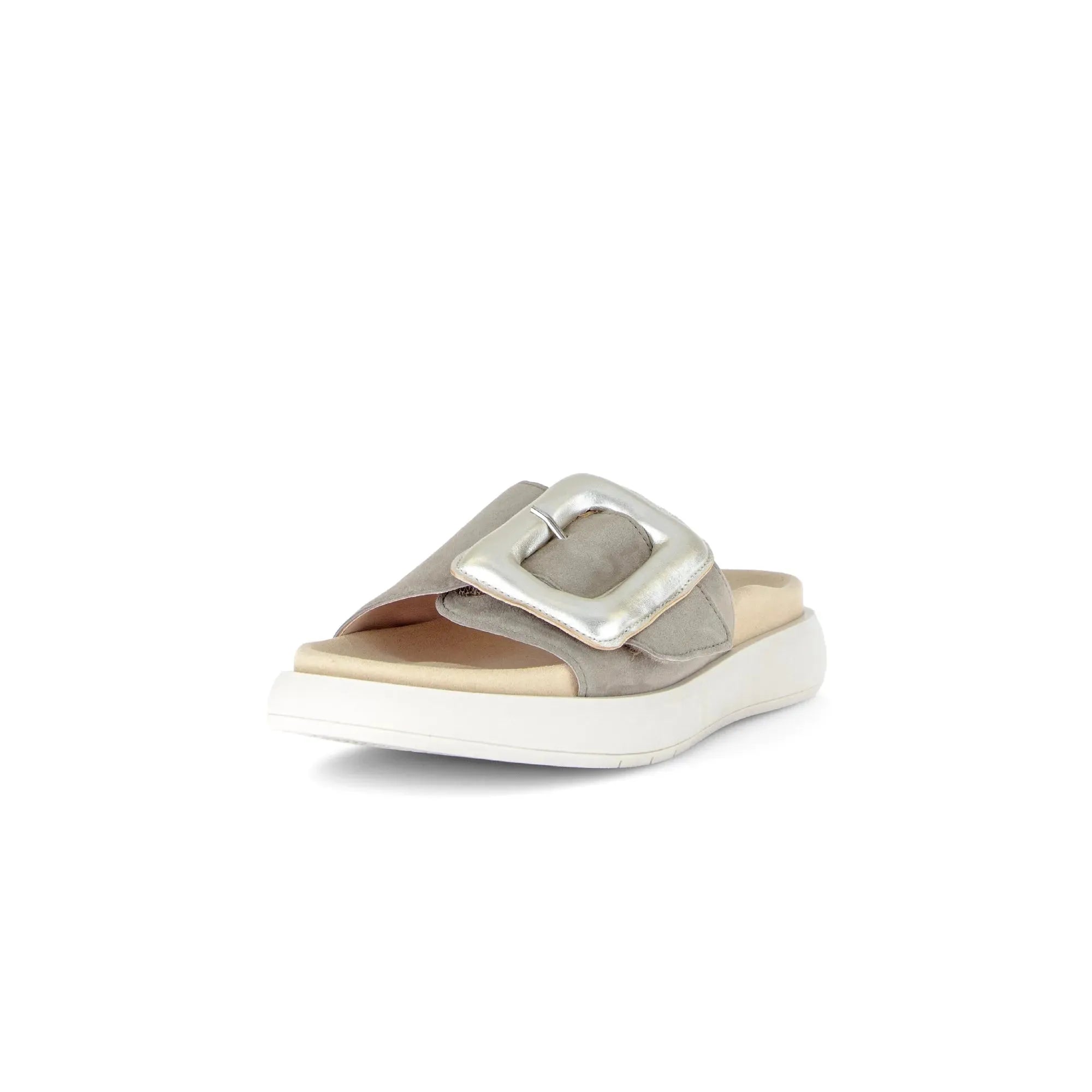 Gabor Adios Ladies grey leather slip-on sandals with silver buckle, touch-fastening strap, cushioned insole, and chunky white sole.