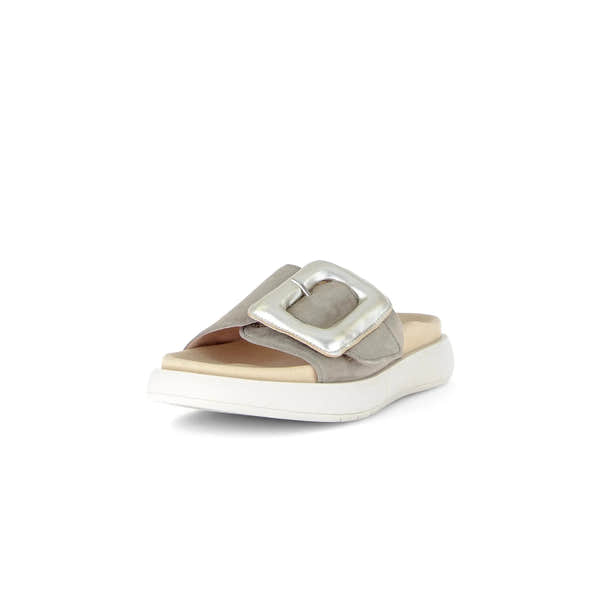 Gabor Adios Ladies grey leather slip-on sandals with silver buckle, touch-fastening strap, cushioned insole, and chunky white sole.