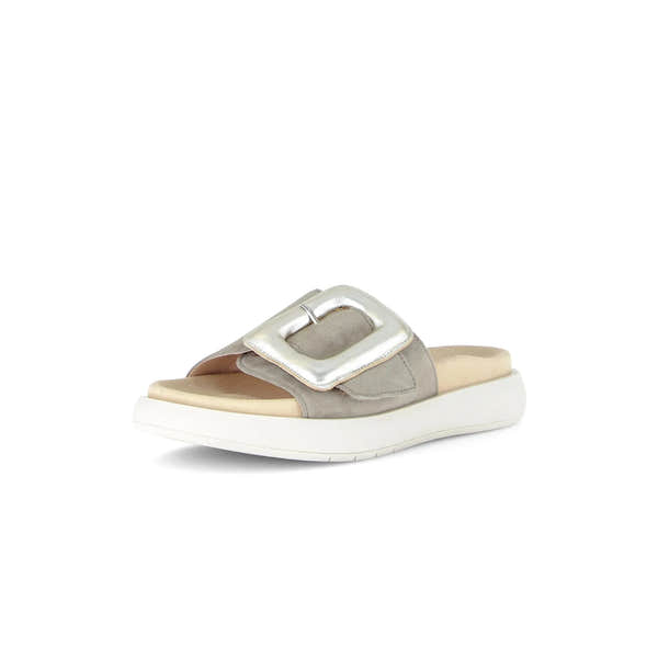 Gabor Adios Ladies grey leather touch fastening sandal with silver buckle, cushioned insole, and white rubber sole.