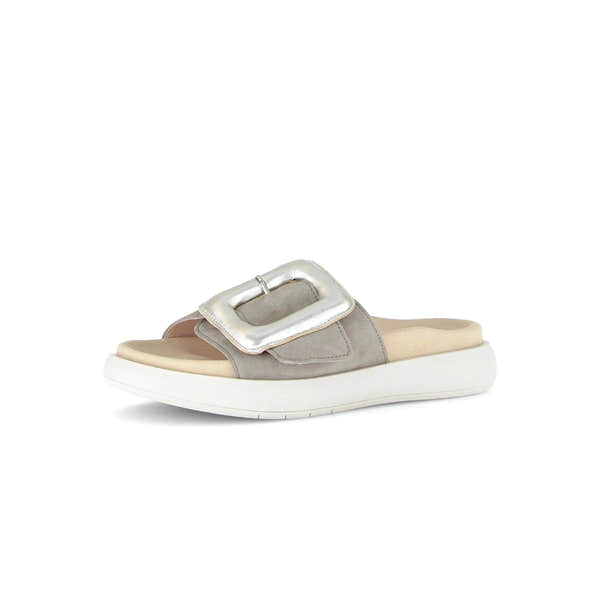 Gabor Adios Ladies grey leather touch fastening slide sandal with silver buckle and white sole.
