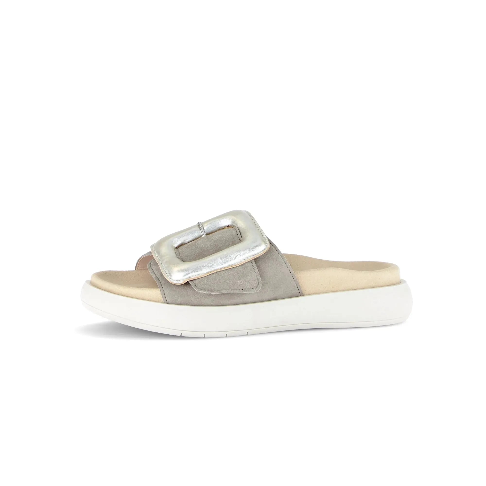 Gabor Adios Ladies Grey Leather Touch Fastening Sandals with wide buckle strap and cushioned sole.