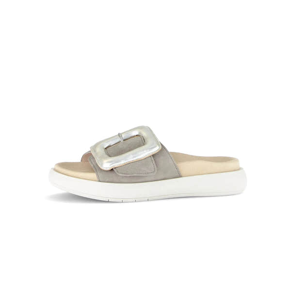 Gabor Adios Ladies Grey Leather Touch Fastening Sandals with wide buckle strap and cushioned sole.
