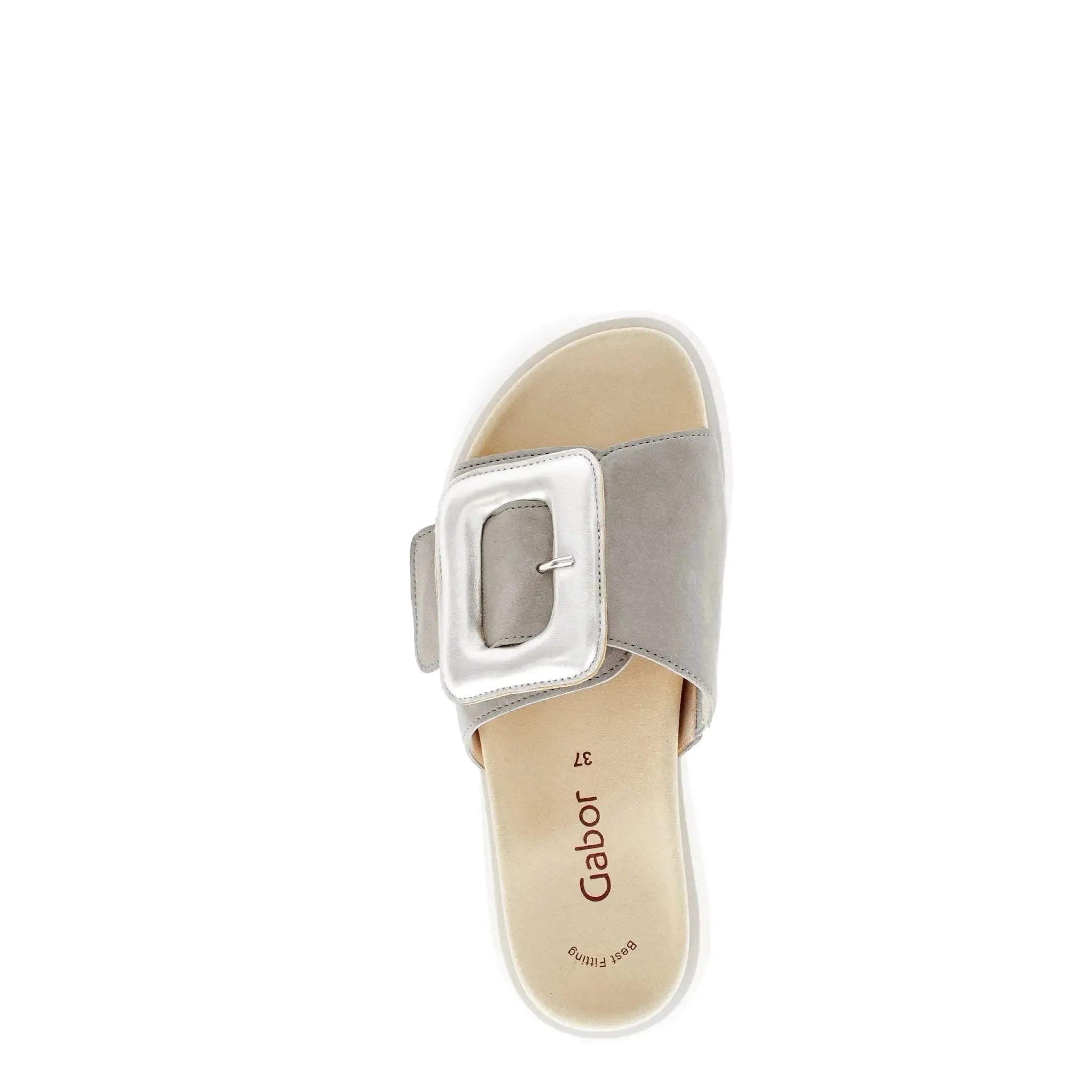 Gabor Adios Ladies Grey Leather Touch Fastening Sandals with large metallic buckle detail.
