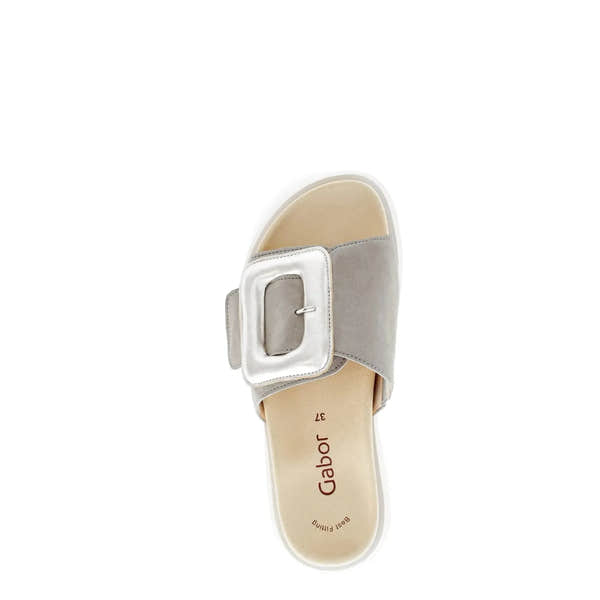 Gabor Adios Ladies Grey Leather Touch Fastening Sandals with large metallic buckle detail.