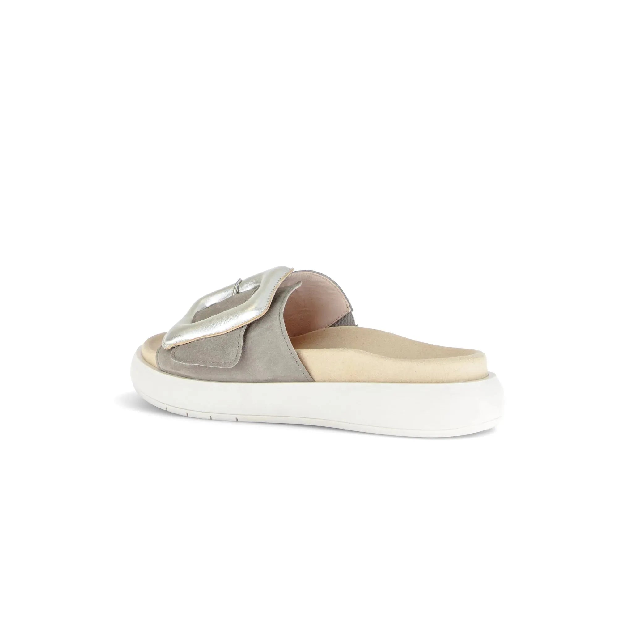 Gabor Adios Ladies grey leather touch fastening slip-on sandals with cushioned sole and adjustable strap.