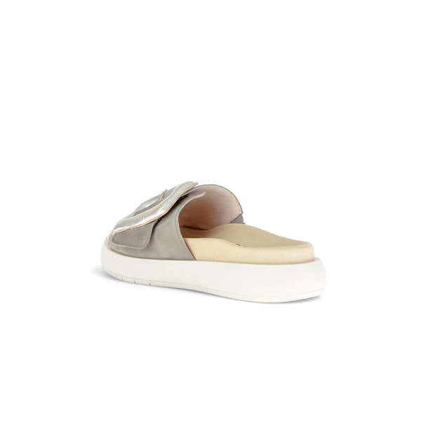 Gabor Adios Ladies Grey Leather Touch Fastening Sandals with padded insole and white sole.