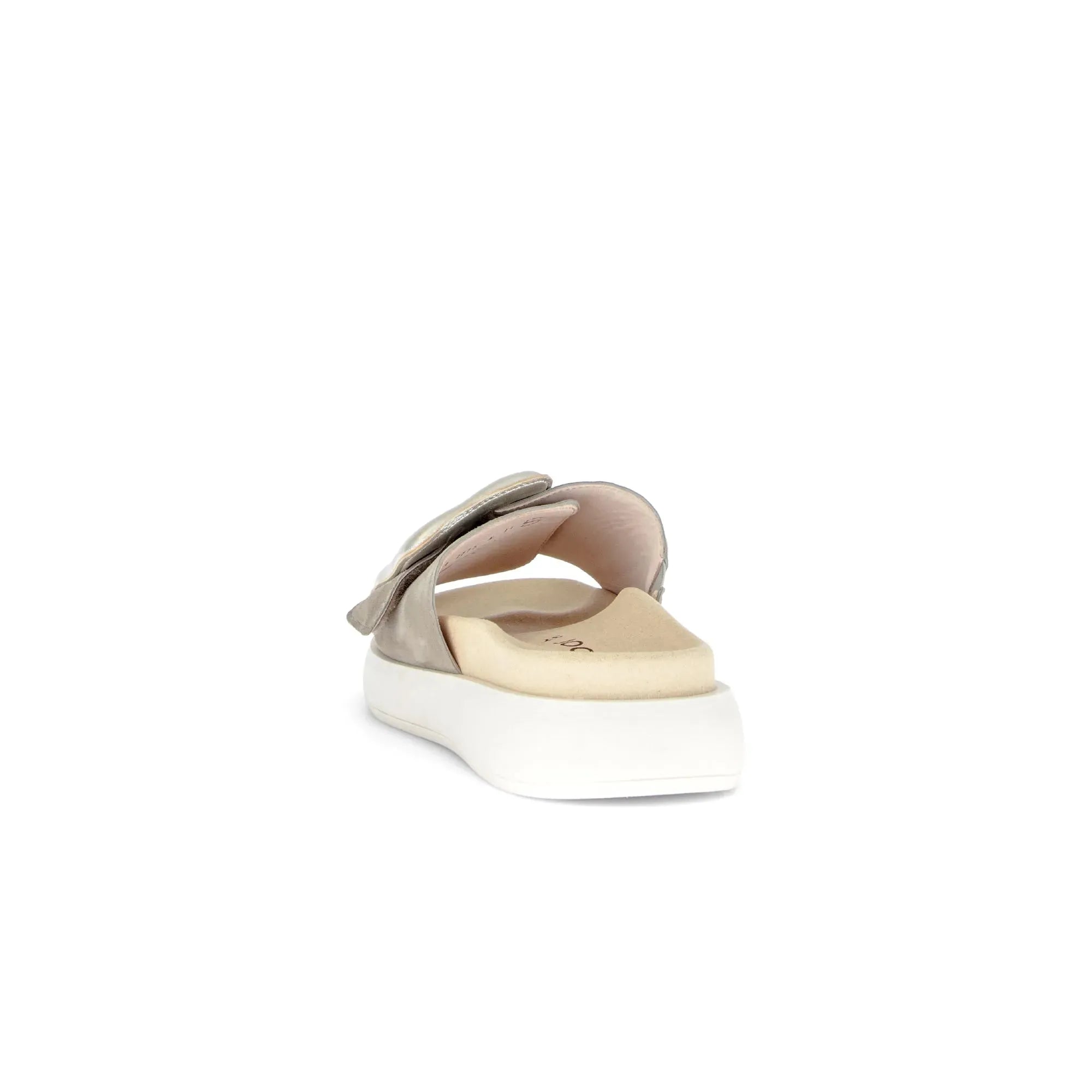 Gabor Adios Ladies Grey Leather Touch Fastening Sandals with cushioned sole and white platform sole.