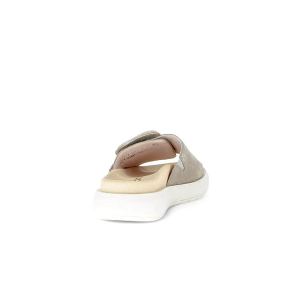 Gabor Adios Ladies Grey Leather Touch Fastening Sandals with chunky white sole, back view.