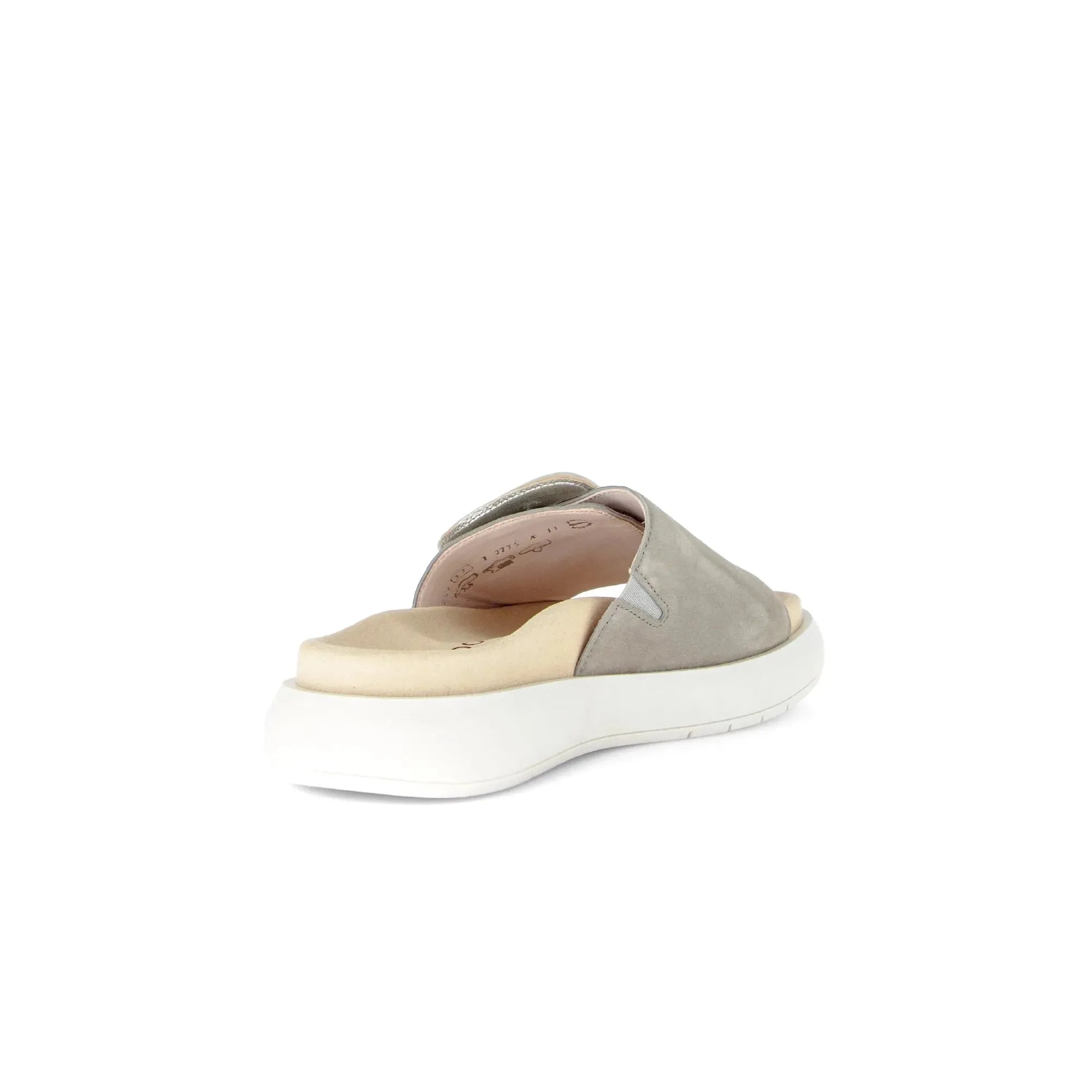 Gabor Adios Ladies Grey Leather Touch Fastening Sandals with cushioned insole and white rubber sole.