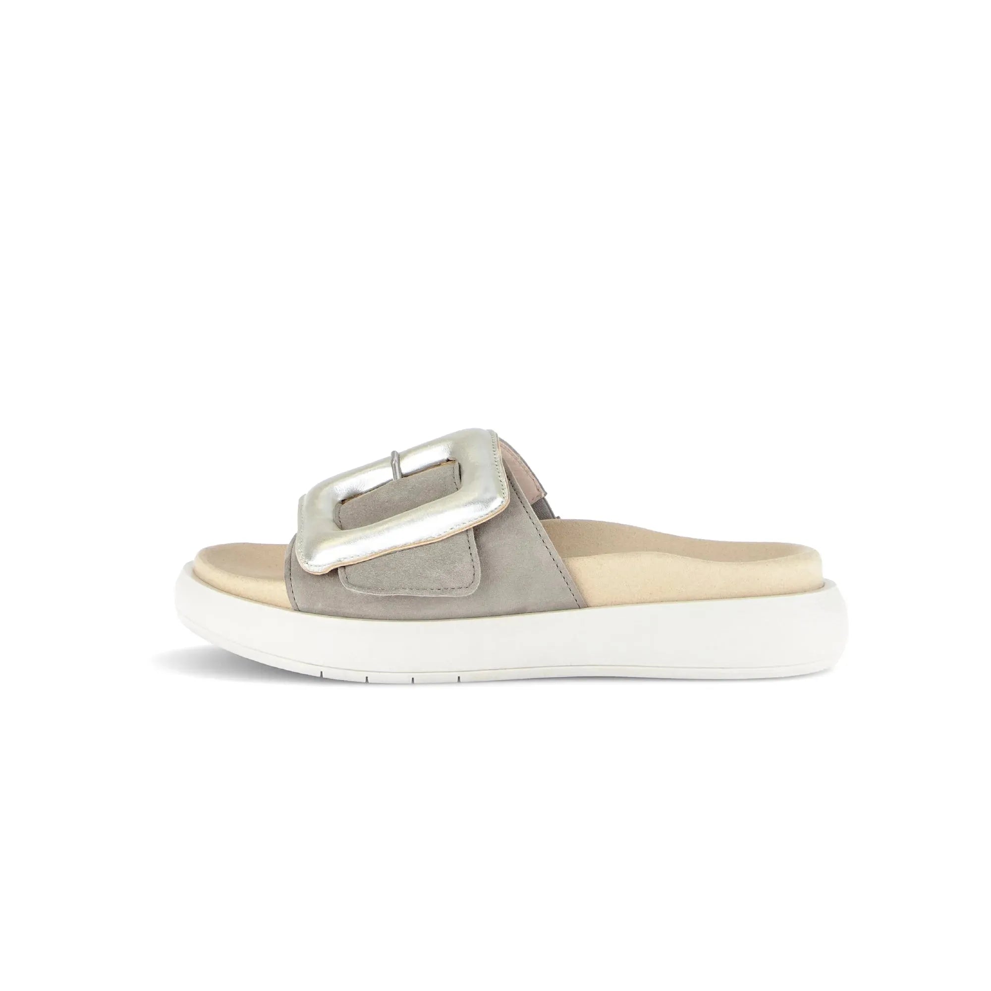 Gabor Adios Ladies grey leather touch fastening sandals with large silver buckle, cushioned insole, and white sole.