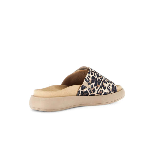 Gabor Adios Ladies Leopard Print Leather Touch Fastening Slide Sandals with cushioned insole and beige sole.