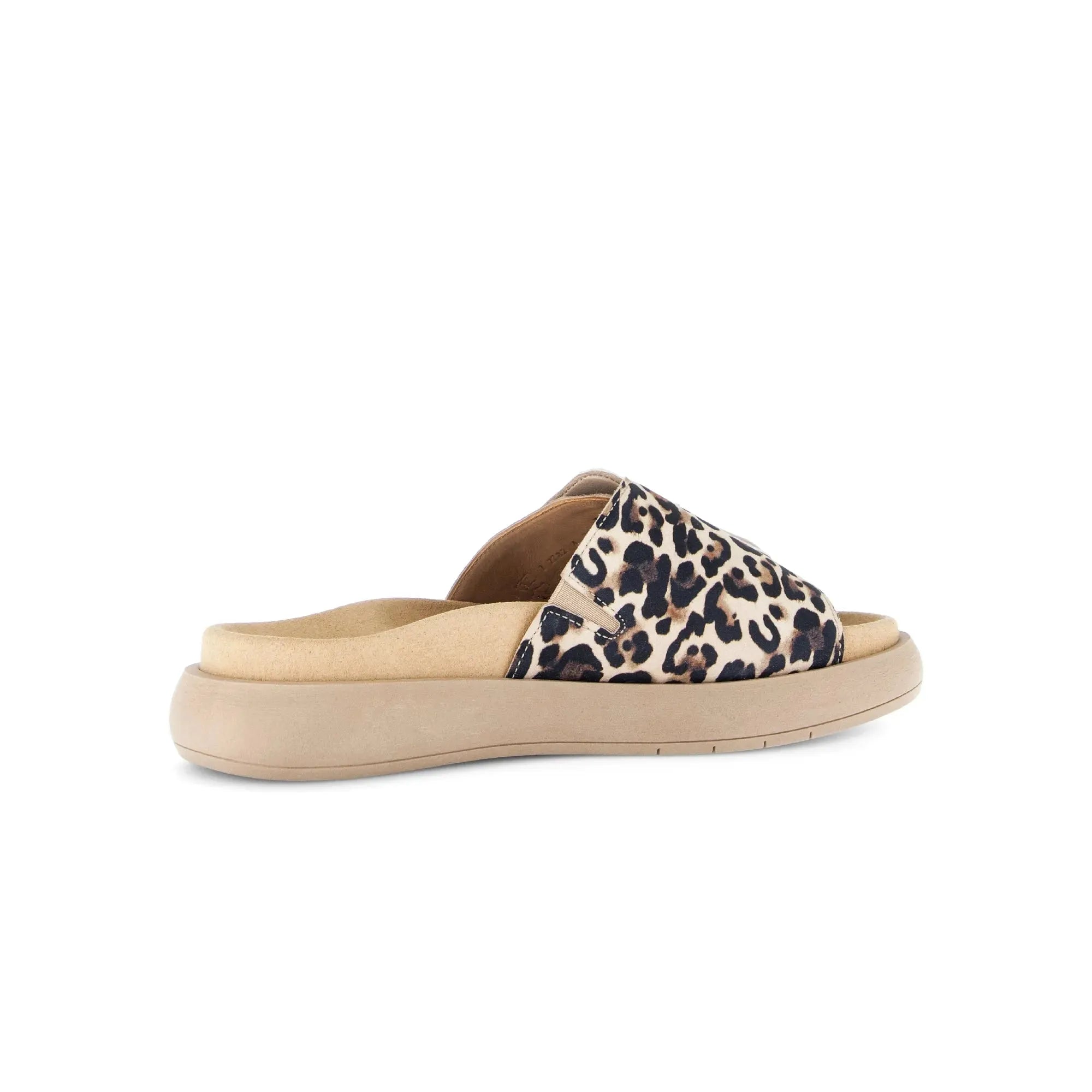 Gabor Adios Ladies Leopard Print Leather Touch Fastening Sandals with cushioned beige insole and chunky sole.