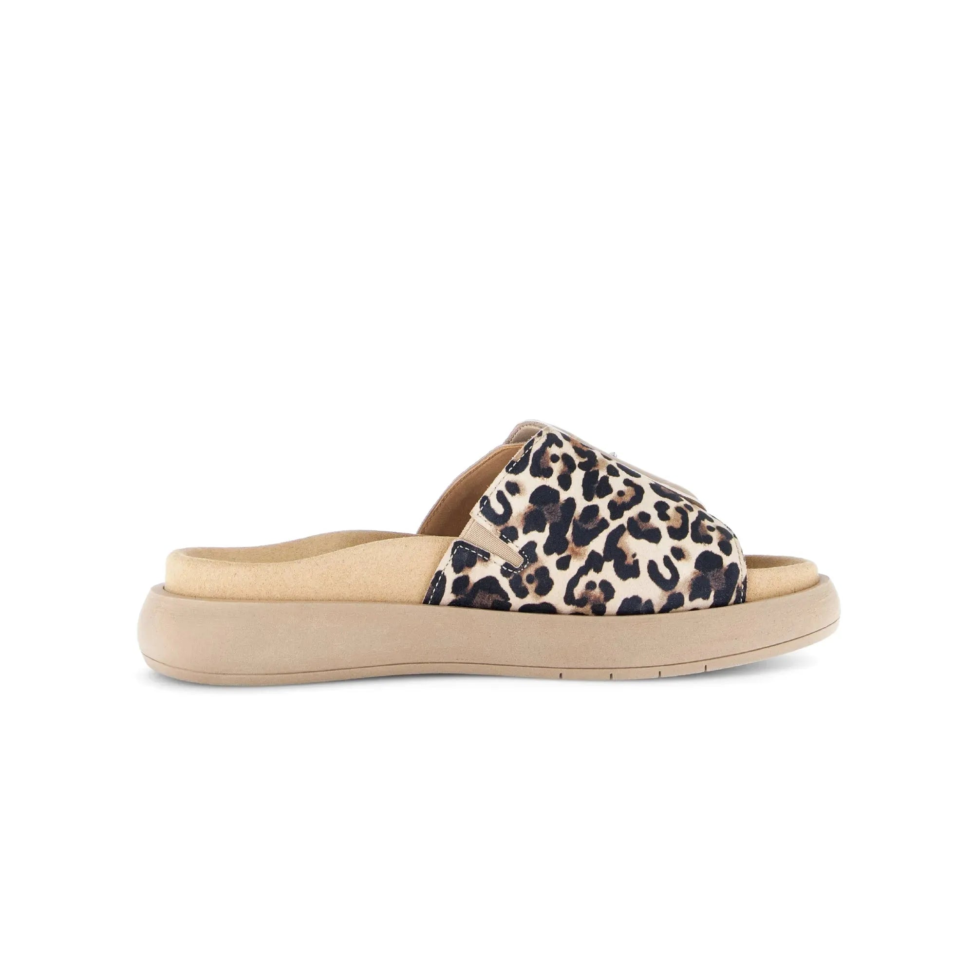 Gabor Adios Ladies Leopard Print Leather Touch Fastening Sandals with cushioned footbed and beige sole.