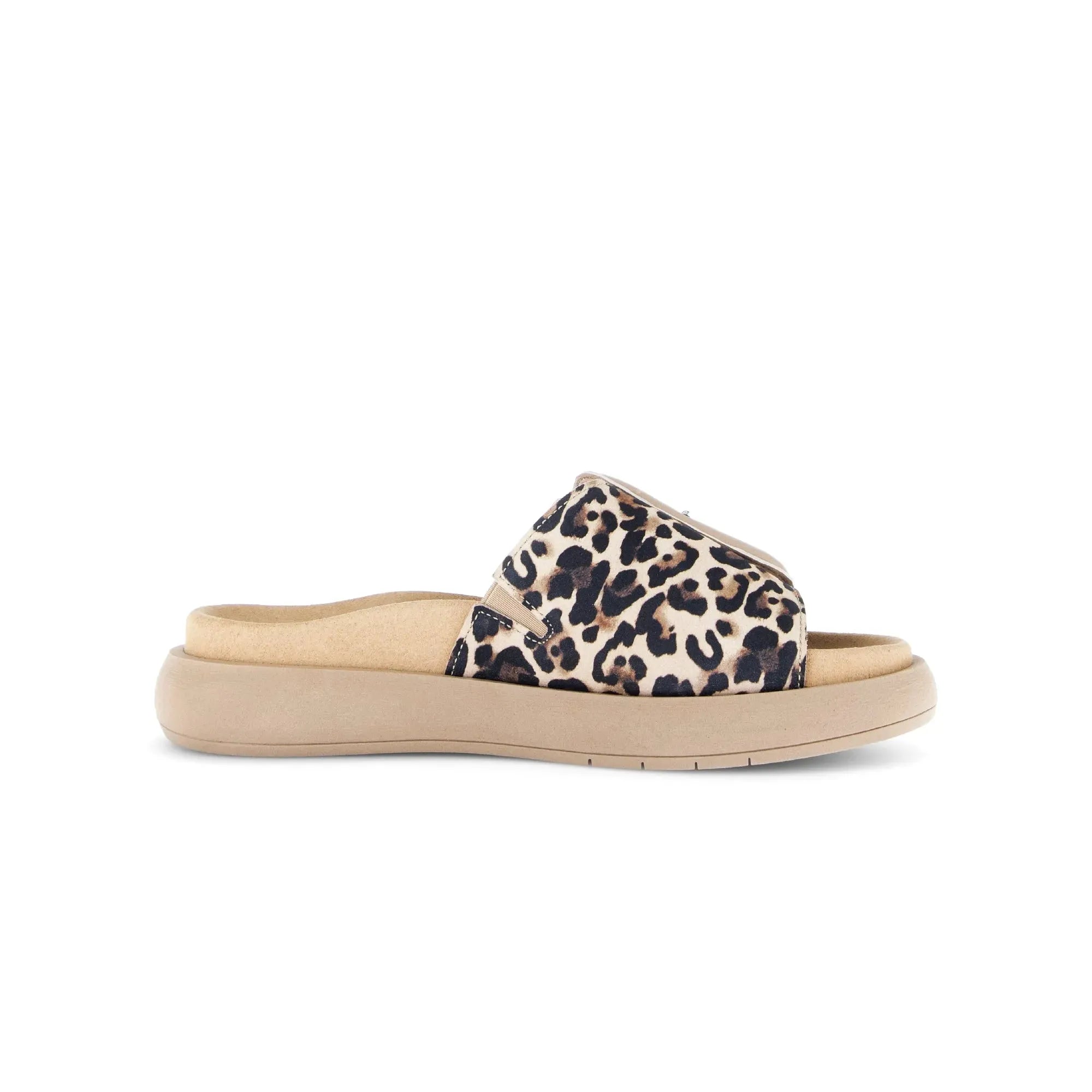 Gabor leopard print leather slide sandals with touch fastening, beige sole, stylish and comfortable women's footwear.