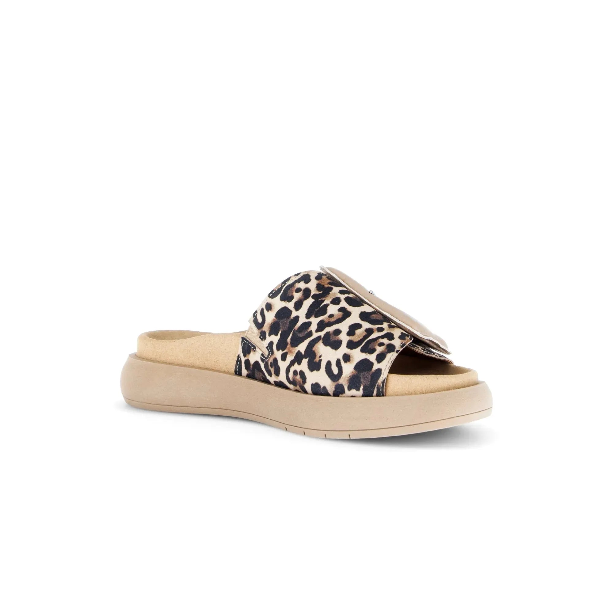 Gabor leopard print leather slip-on sandals with touch-fastening strap and beige platform sole.