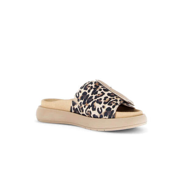 Gabor leopard print leather slip-on sandals with touch-fastening strap and beige platform sole.