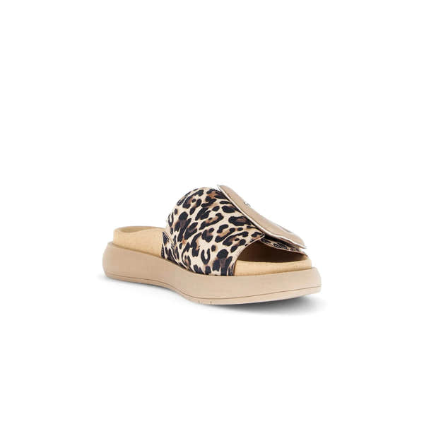 Gabor Adios Ladies Leopard Print Leather Touch Fastening Sandals with padded sole and chunky beige platform heel.