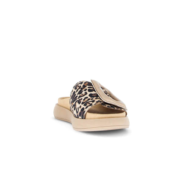 Gabor Adios Ladies Leopard Print Leather Touch Fastening Sandals with cushioned sole and slip-on design.